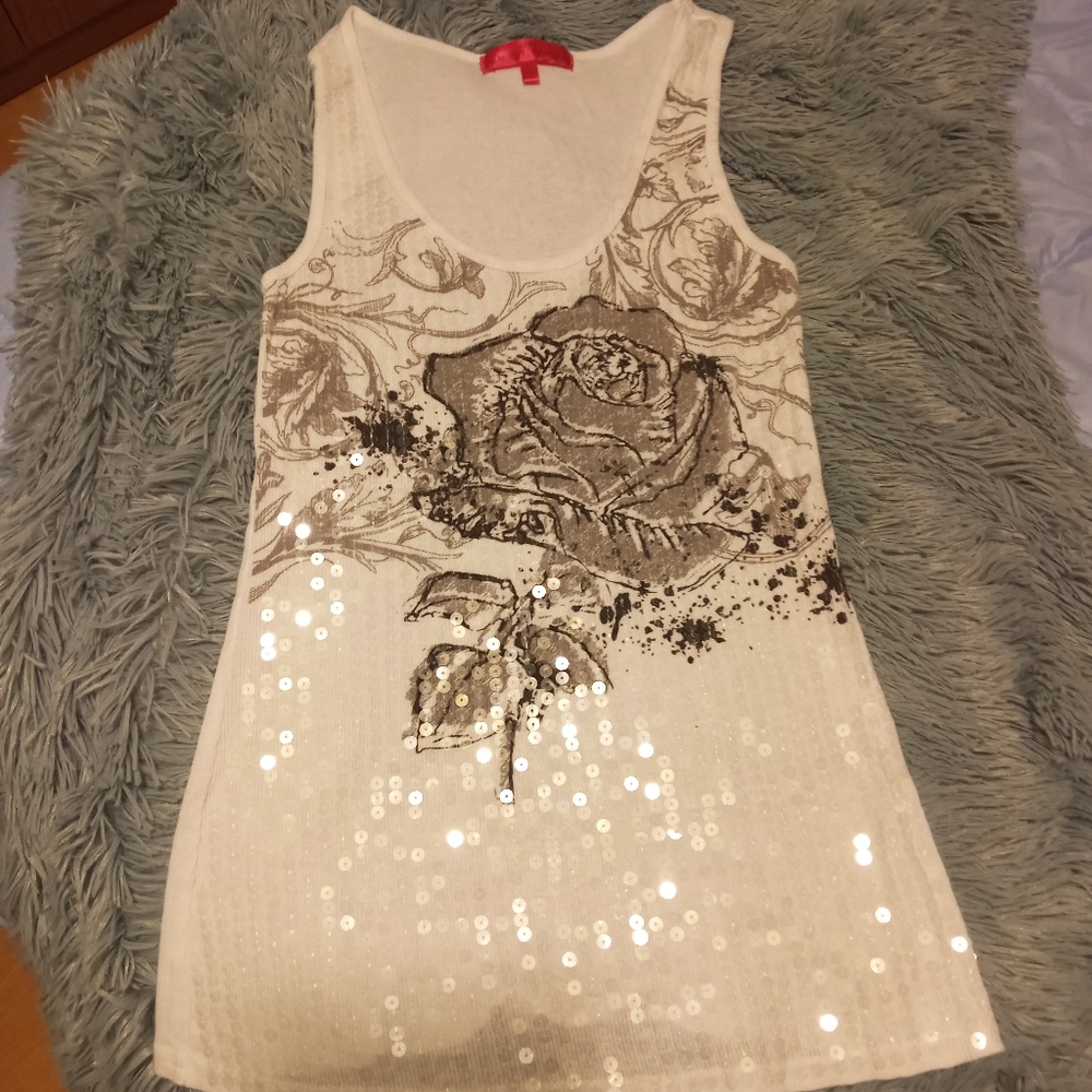 Almost Famous White and Gray Sequin Rose Tank Top